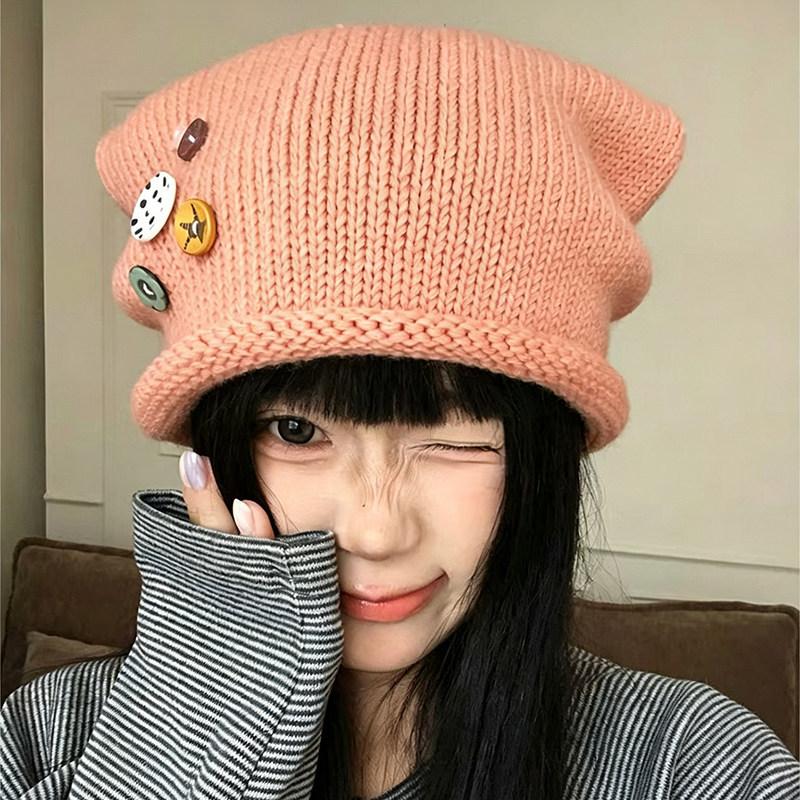 Soft girl wind cat ear button stack hat female autumn face small big head circumference headgear versatile knitted hat