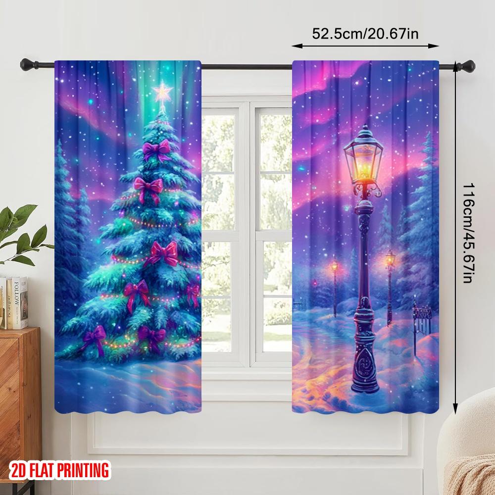 2pcs,2D plane printing Pattern Curtains Enchanted Winter Wonderland Christmas Aurora 100% Polyester (without rod) Holiday Use