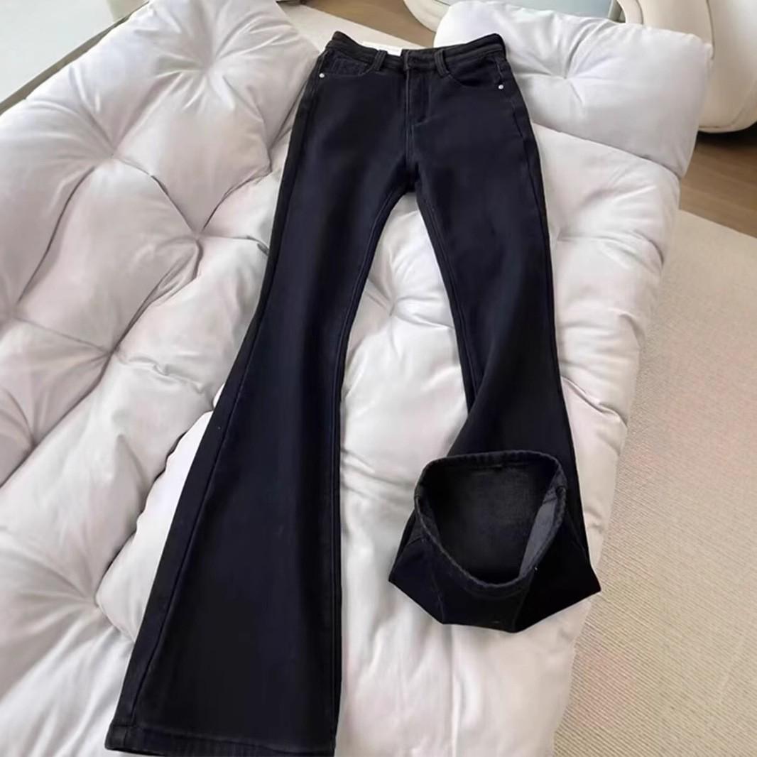 

Женские ретро синие джинсы буткат на флисовой подкладке - Осень/Зима 2025 Свободный Широкий Клеш Стройнящий Стиль 3XL