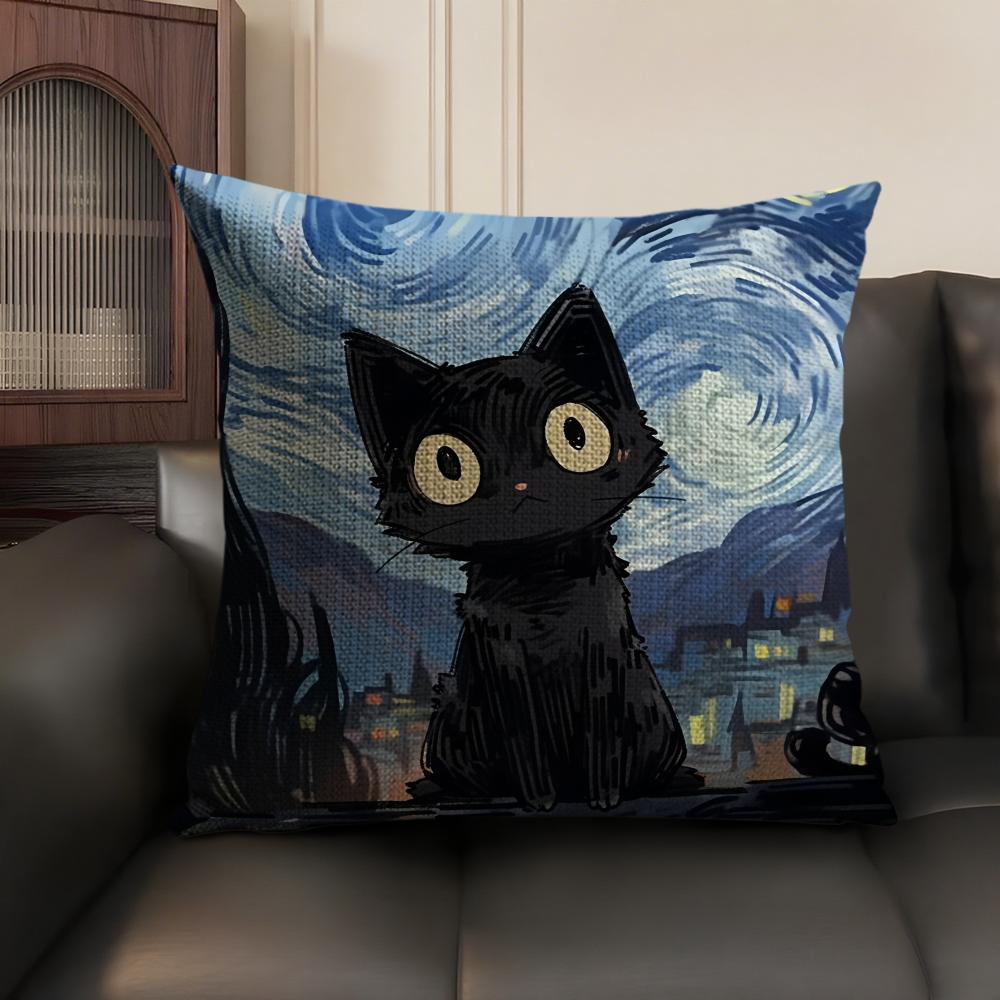 Van Gogh Starry Night Cat Cushion Cover Natural Linen Organic Fabric Double-Sided Printing Sofa Home Decor Gift Pillow Case