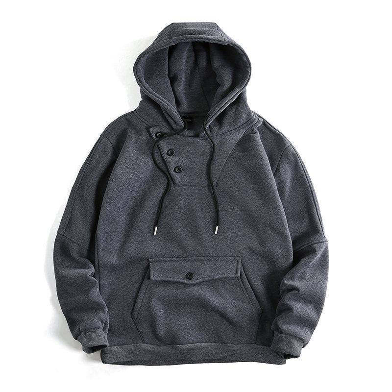 Men S Button Design Hooded Pullover Sweatshirt Solid Color Slim Fit Big Pocket
