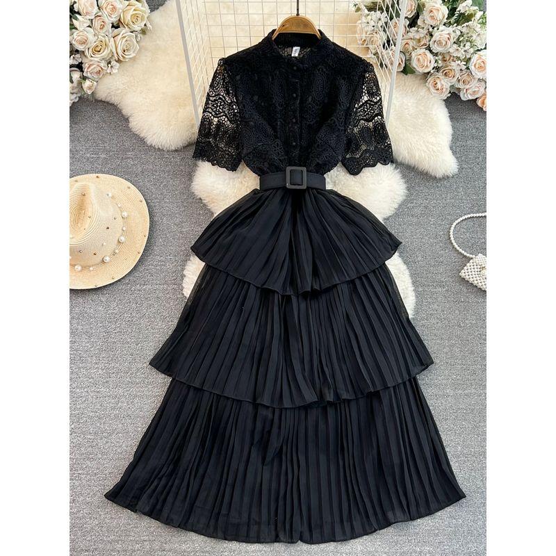 Accessible Luxury Socialite Stand Collar Lace Cake Dress Short Sleeve