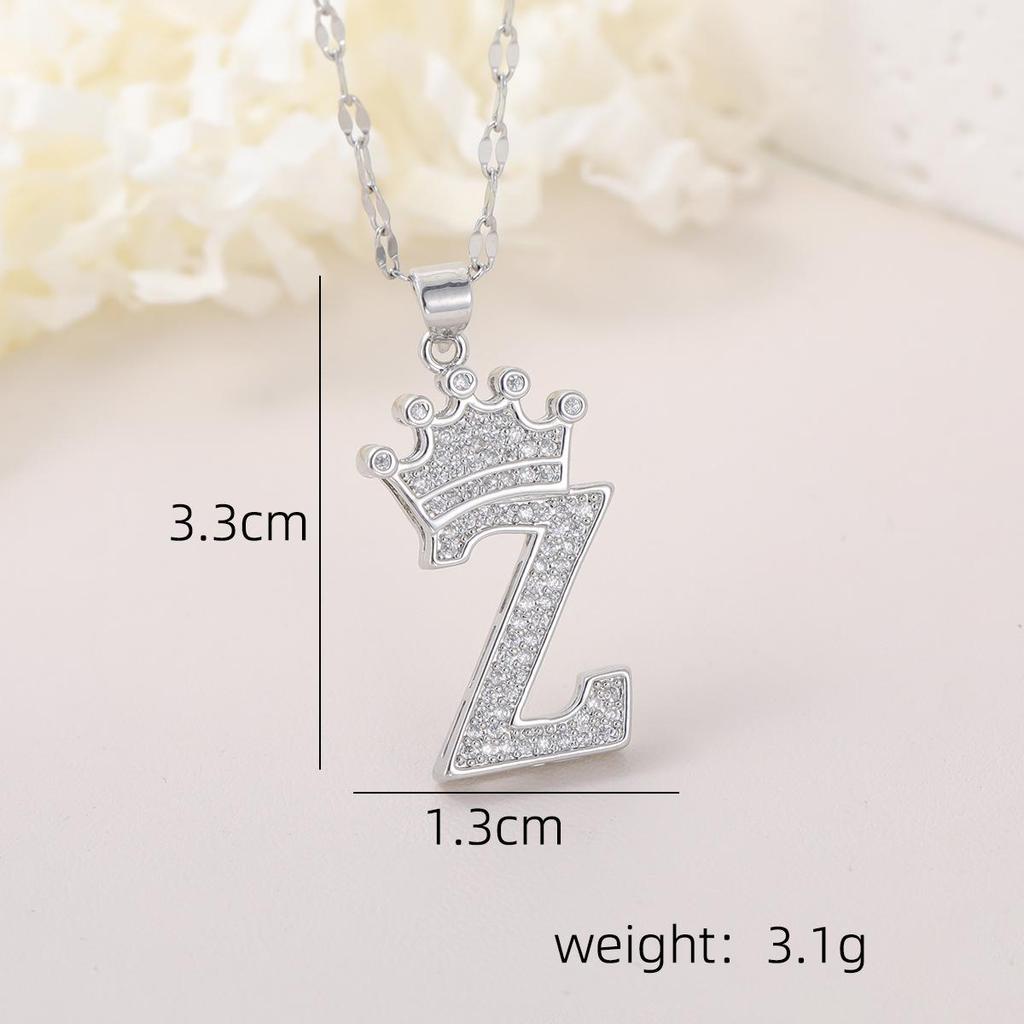 Copper Micro-Inlaid Zircon Crown Letter Pendant Necklace - Hip-Hop Silver Fashion