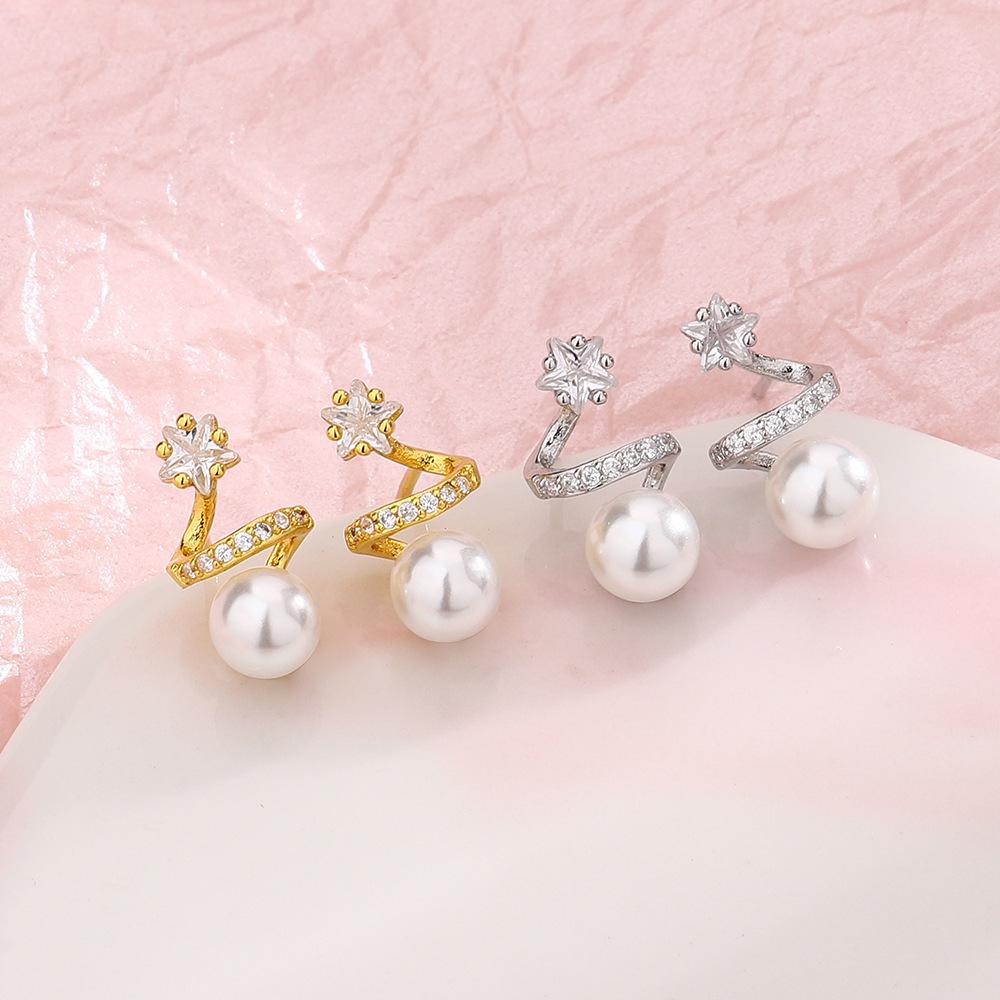 Super Sparkling Zircon Star Pearl Earrings Retro French Exquisite Light Luxury Full Of Diamonds Geometric Lines Pentagram Earrings