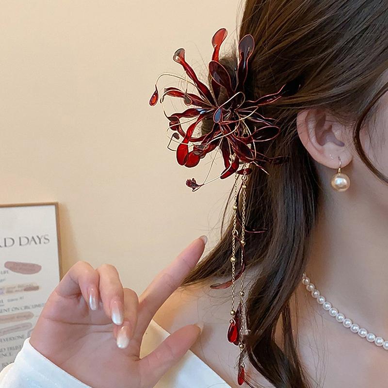 Chinese Style Spider Lily Flower Hair Sticks For Women Dripping Oil Tassel Hairpin Vintage Hanfu Chopsticks Hair Accessories