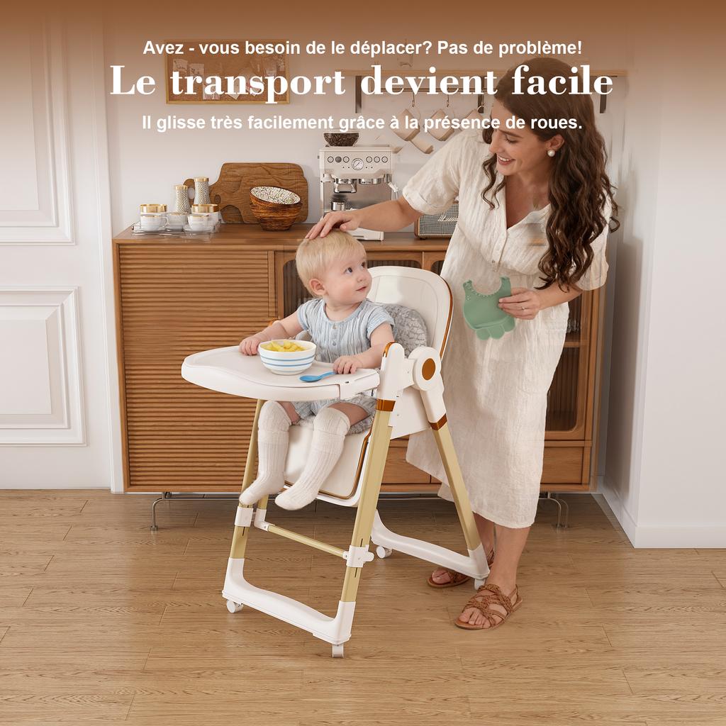 Silla Alta para Bebé 2 en 1 con Función Mecedora, Arnés de Seguridad de 5 Puntos, Ruedas con Bloqueo, Bandeja Extraíble, Plegable y Ajustable en Altura, Blanco