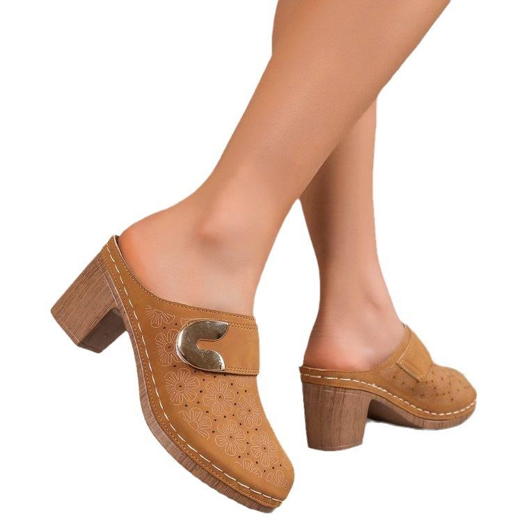 2024 Summer New Baotou Metal Hollow Women's Shoes Fashion Versatile High Heeled Slippers Slides Women Comfort Zapatos De Mujer