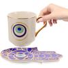Kichvoe Evil Eye Coffee Mug Set Tea Cups and Saucers Turkish Blue Eye Espresso Cup Water Milk Drinking Cup with Ceramic Hamsa Hand Saucer Candy Plate