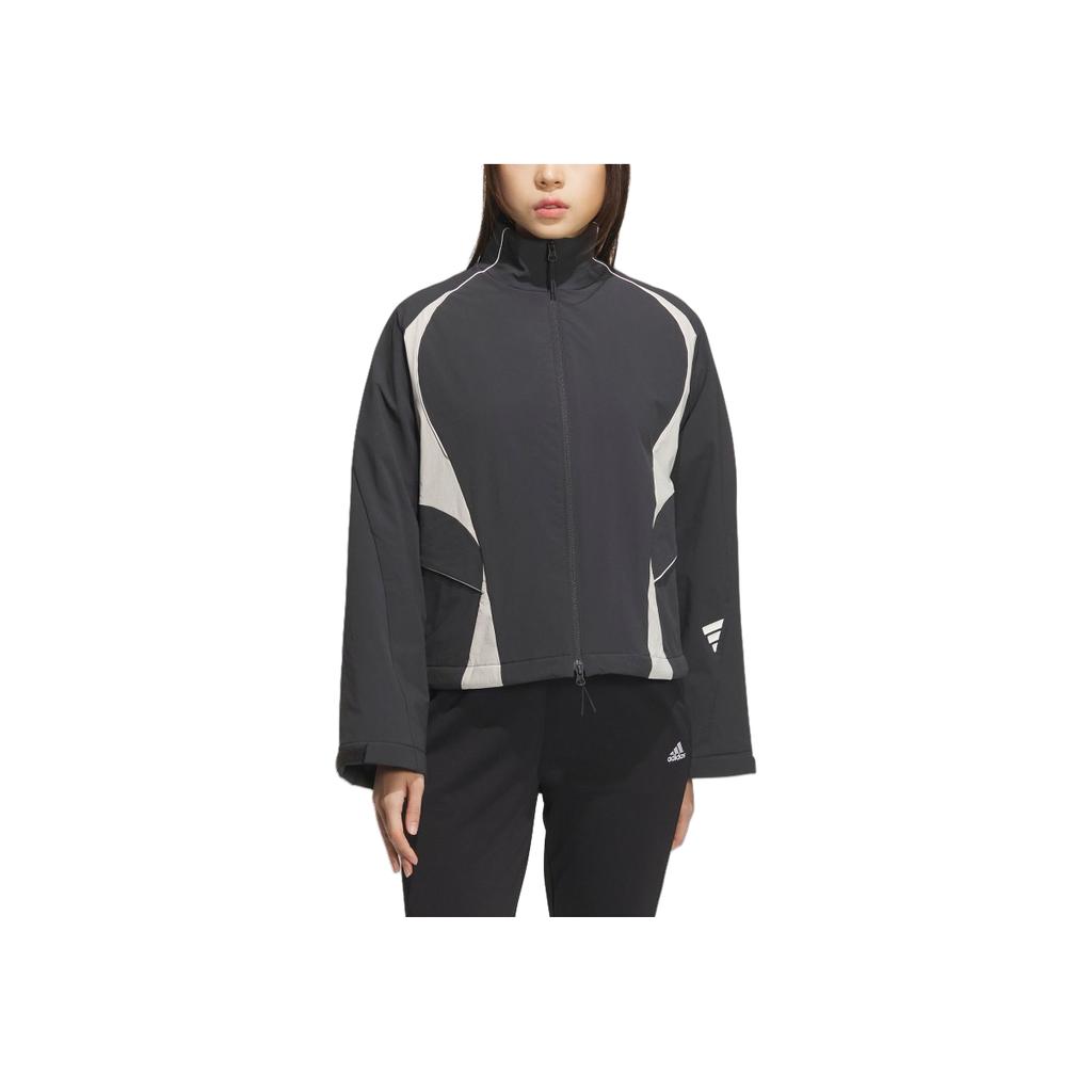 Adidas Casual Sports Series Loose Fit Stand Collar Zipper Jacket Women Jackets Carbon-Black Bright-White JY8062
