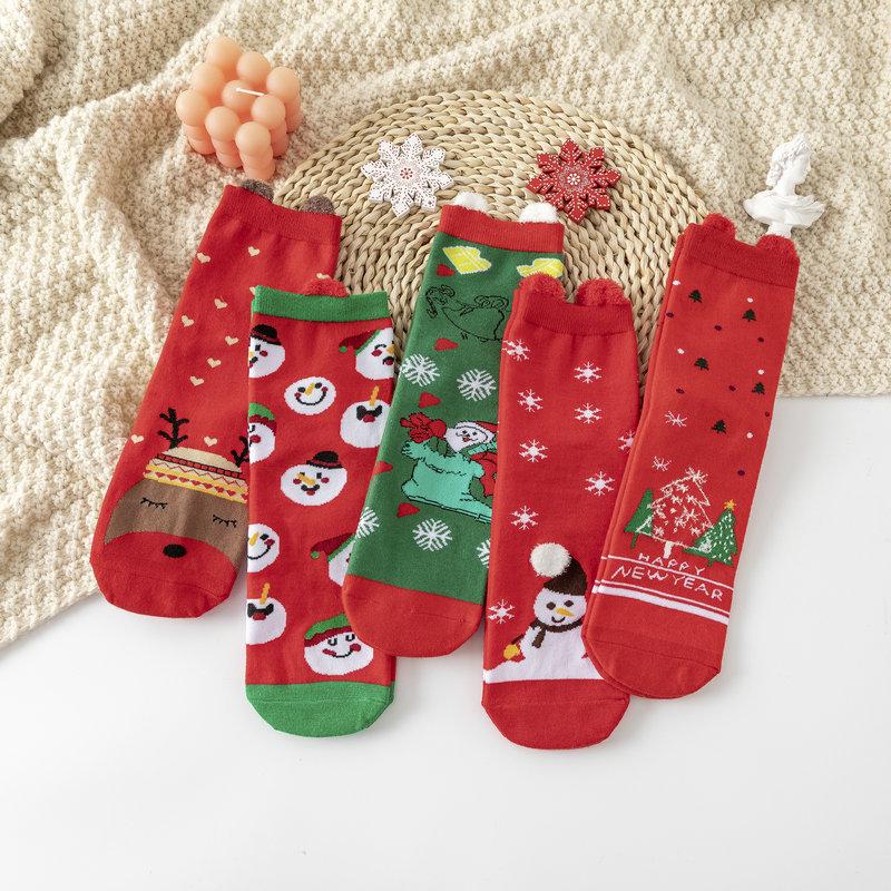 Cute Elk Cartoon Socks with 3D Ears – Red, Cotton for Autumn & Winter, Japanese Style, Perfect for Christmas