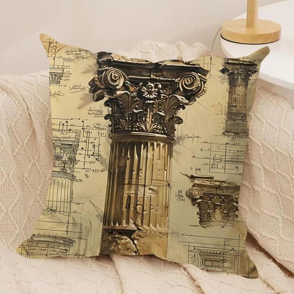 Retro Roman Architectural Cushion Cover Silky Short Plush Invisible Zipper Dustproof Sofa Pillow Case For Home Decor