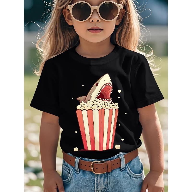 European Sizes Boys' Funny Great White Shark Eating Popcorn Graphic T-Shirt - Movie Night Theme Casual Short Sleeve Round Neck Tee with Cartoon Design