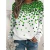 Women Crew Neck Long Sleeve Tunic Top White Gradient Green Clover Print Loose Casual Blouse