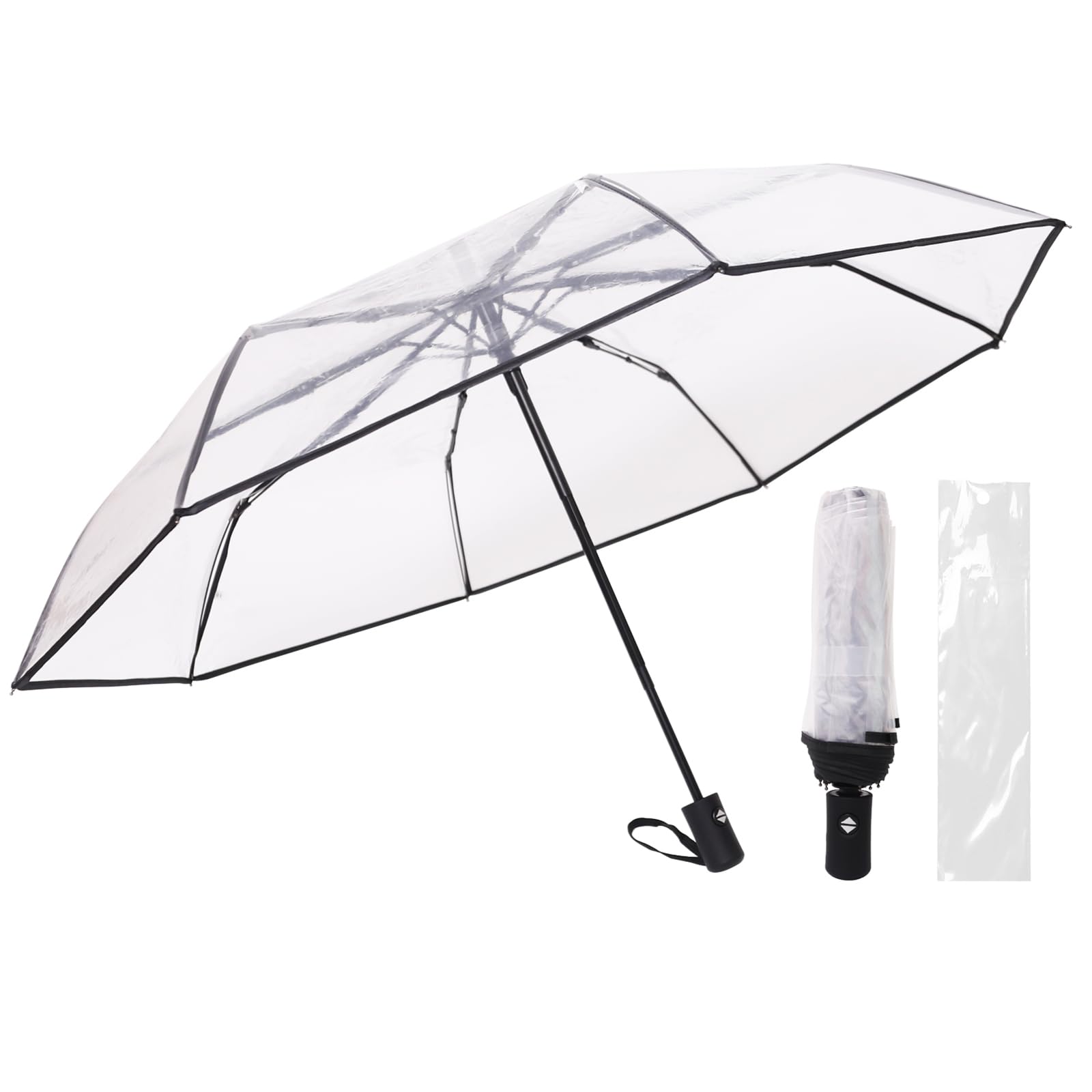 

Прозрачный складной зонт с автоматическим открытием/закрытием в одно касание, спицы, ветрозащитный, материал, черный чехол для хранения из прозрачного ПВХ, идеально подходит для или подарков