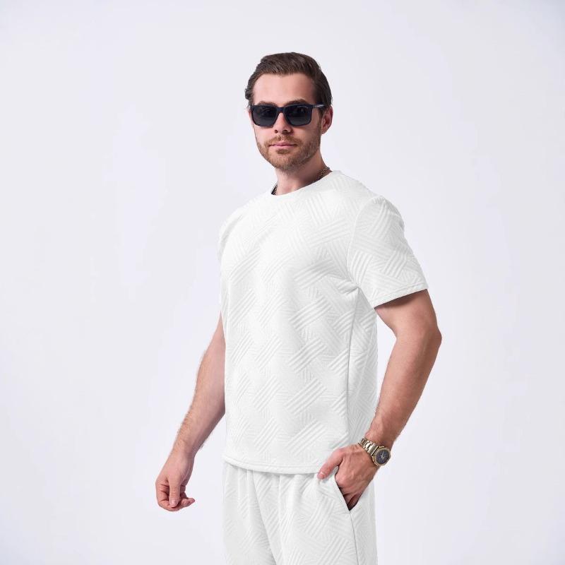 

Men Crew Neck Short Sleeve T Shirt With Jacquard Texture Slim Fit Casual Daily Tops S белый