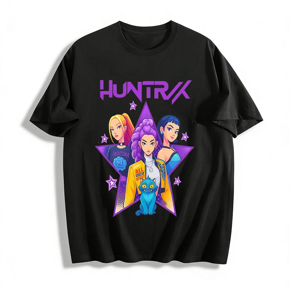 

Huntrix Girl Group Blue Cat Cool Print T-shirt Trendy Anime Style Casual Top Unisex Versatile Tee Pure cotton T-shirt XXS