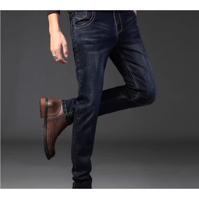 Men's Thick Elastic Straight-Leg Jeans for Autumn/Winter - Casual Slim Fit for Middle-Aged Business Style
