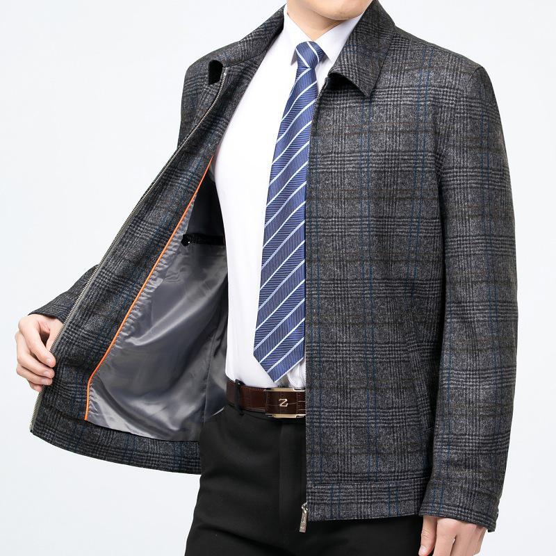 Men's Wool Cashmere Plaid Jacket - Autumn/Winter Business Casual Zip Coat