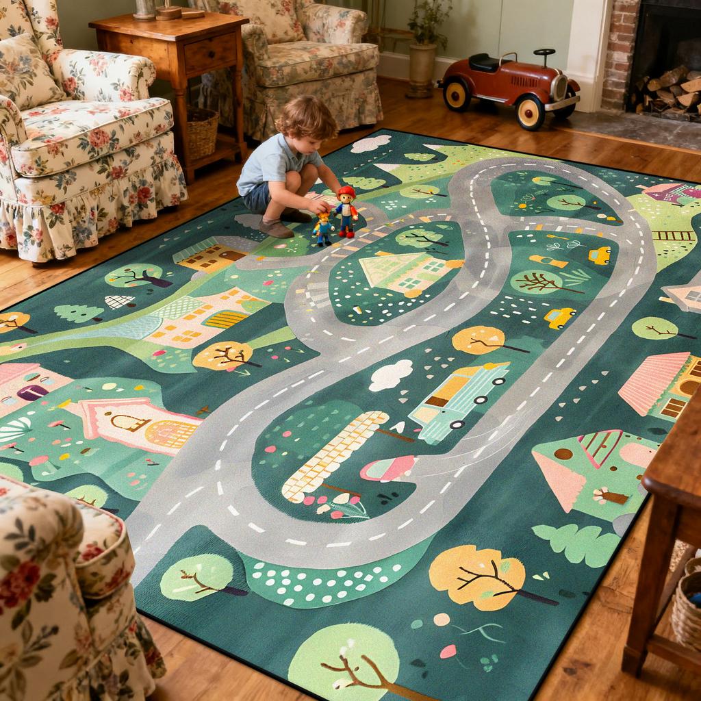 Children Amusement Park Living Room Carpet Thickened Short Velvet Cartoon Road Large Rugs Decor Bedroom Baby Crawling Mat Floor