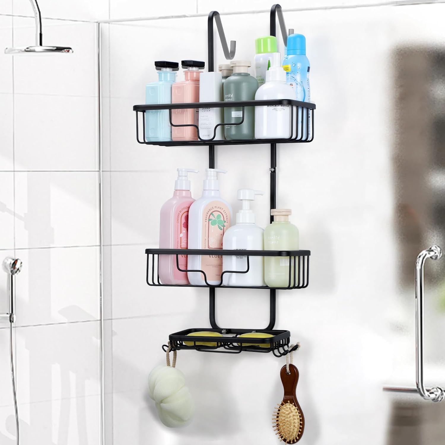 

Over the Door Shower Caddy,3 Tier Hanging Shower Organizer Shelf for Bathroom,Aluminum Shower Storage Rack with Hook&Soap Holder чёрный