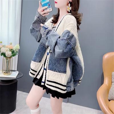Vintage Denim Stitching Knitting Cardigan Coat Women Spring Autumn New Jacket Female Korean Loose Long Sleeve Sweater Coat