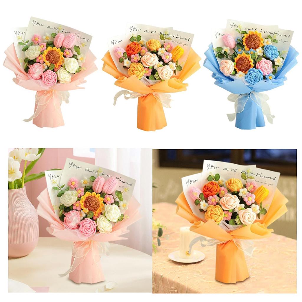 Completed Crochet Flowers Bouquet Centerpiece Knitted Artificial Flower for Mother Day Wedding Festival Birthday New Year