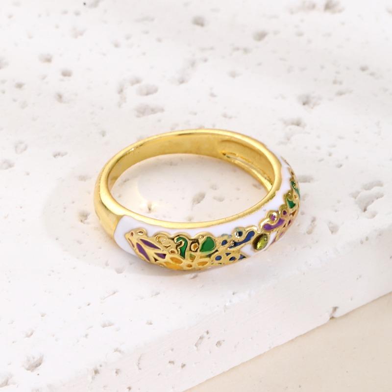 Huajie Elegant Colorful Enamel Floral Rings for Women Inlaid Zircon Golden Piping Banquet Accessories