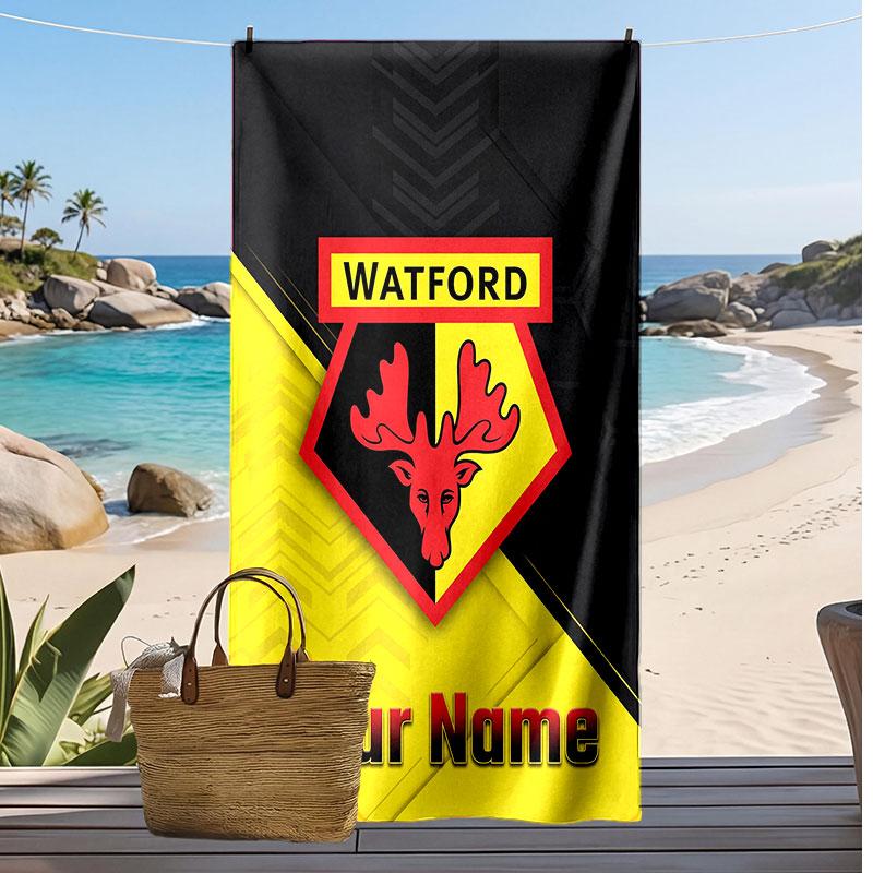 Watford FC Personalized Printed Beach Towel Soccer Logo Support Custom Name Text Absorbent Towel For Sport Travel Special Gift
