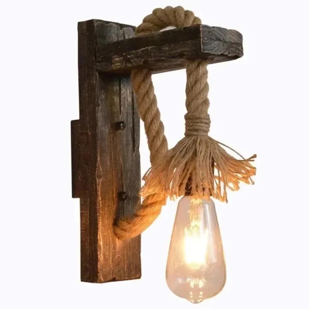 Retro Natural Wood Hemp Rope Wall Light Retro Industrial Wall Pendant Lamp for Bar Bedside Restaurant Bedroom Coffee American