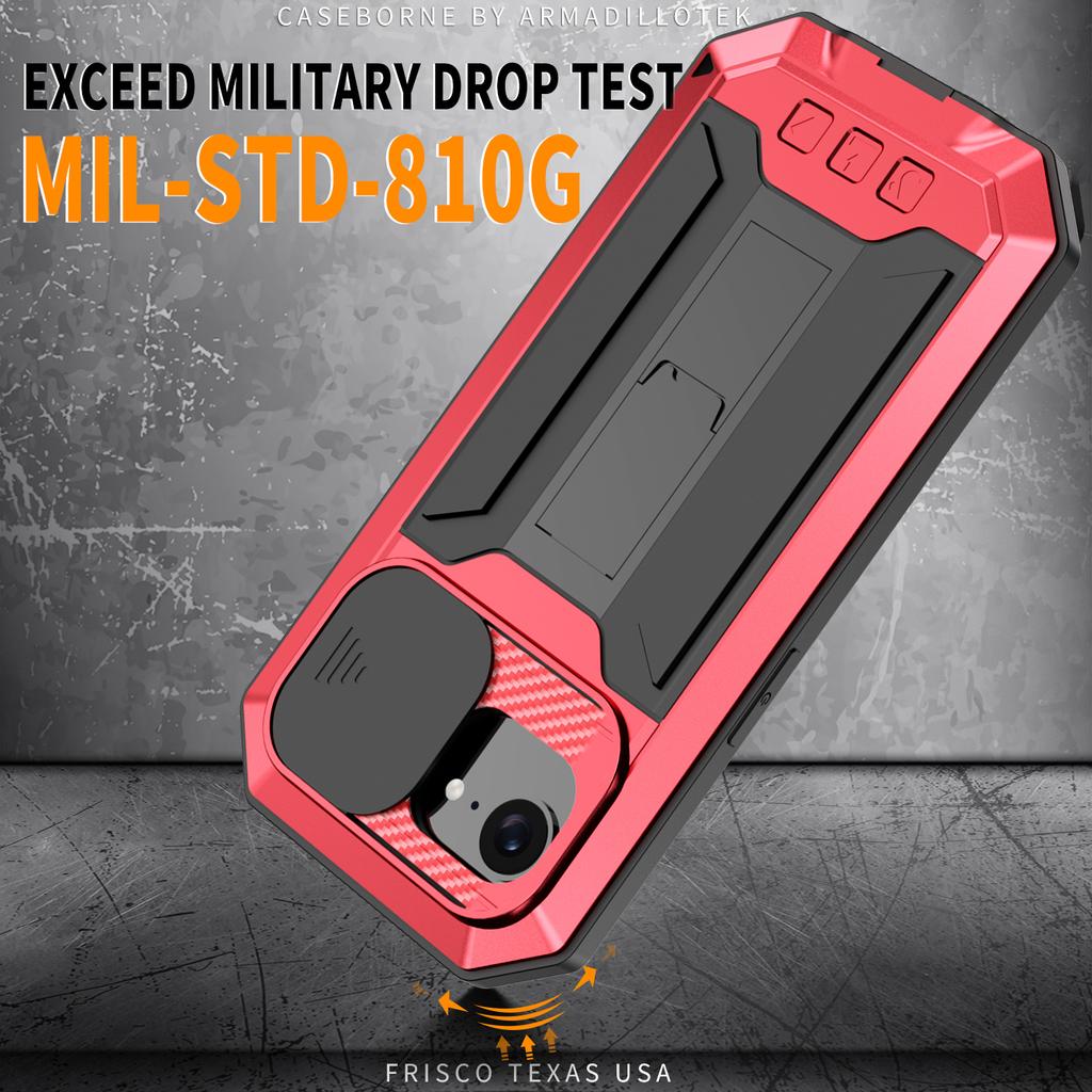 R-JUST For iPhone 16e Case PC+Silicone+Metal Back Cover with Tempered Glass Film