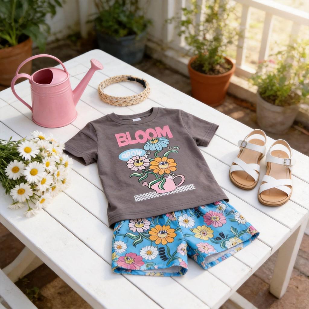 Childrens Cotton Cartoon Short Sleeve Twopiece Set For Girls Summer Playtime Comfort
