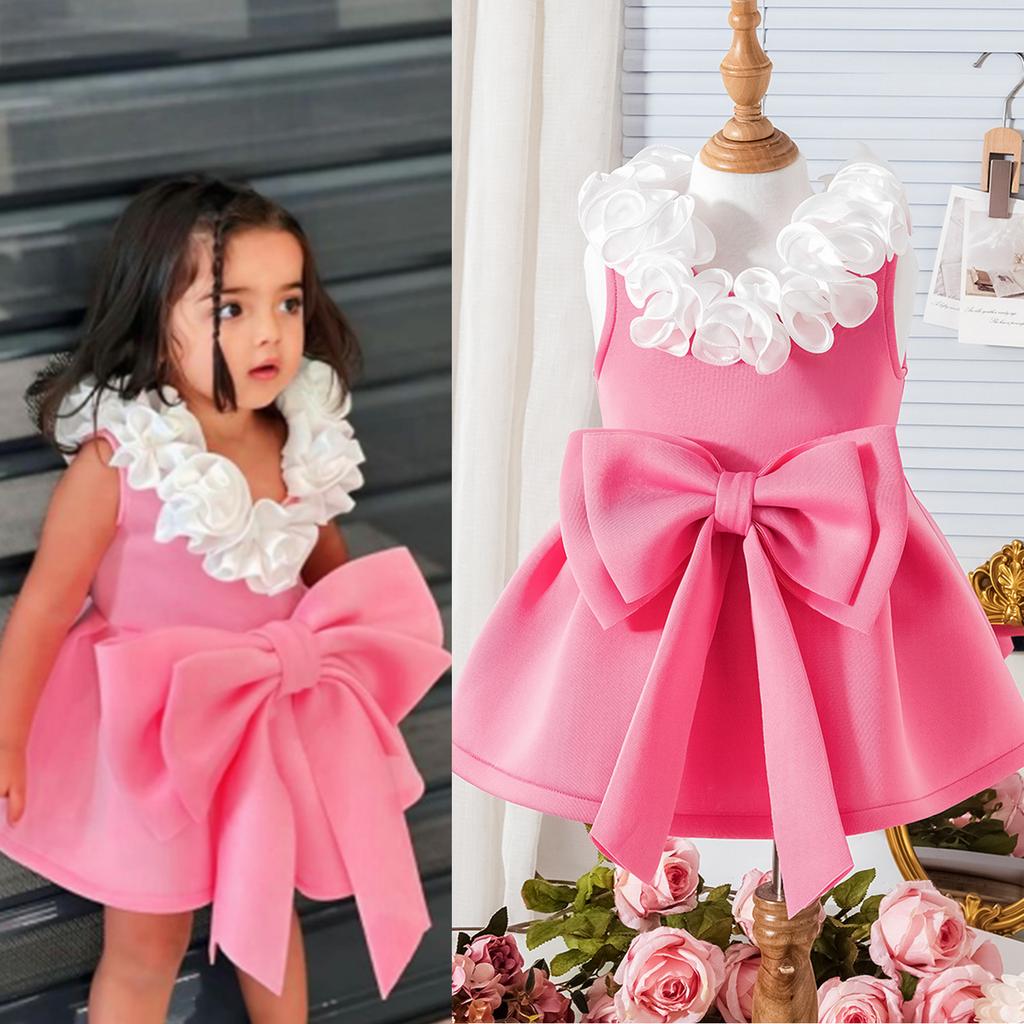 Girls' Princess Dress Summer Children's Sweet Lace V-neck Bow Dress