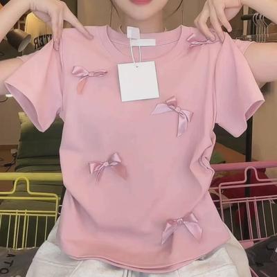 Women's Pure Cotton Short Sleeve Bow T-Shirt - Korean Style Chic Design, Sweet Girl Look, Belly-Covering Top