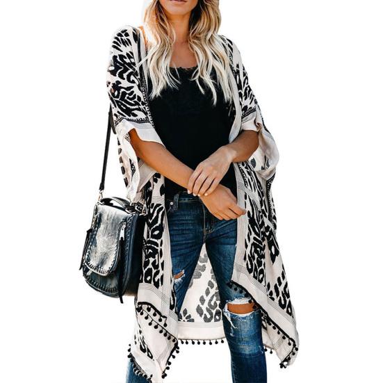 Tassle Ball Sun Protection Swimsuit Cardigan Half Sleeve Women Boho Printed Beach