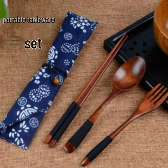 Japanese Style Portable Cutlery Set: Wooden Chopsticks, Fork, Spoon with Binding Wire and Cloth Bag for Outdoor Travel