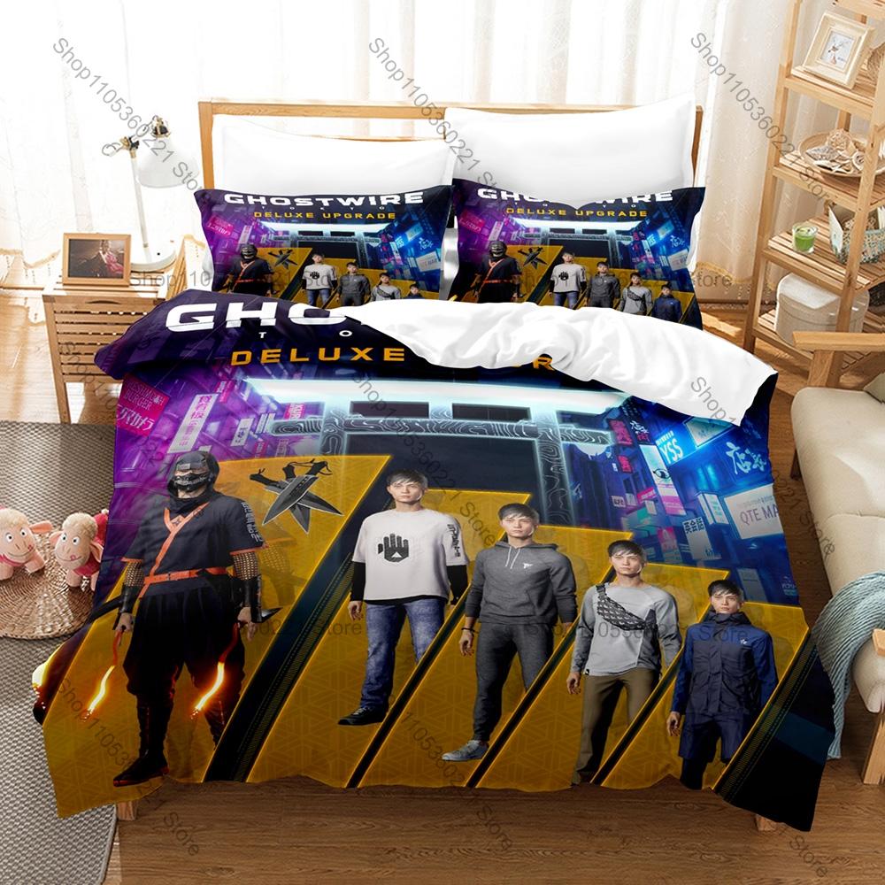 Cool Icon Akito Warrior Graphic Ghostwire Tokyo Gaming Bedroom Decor Bedding Duvet Cover + 2 Pillowcases Horror Game Fan Room De