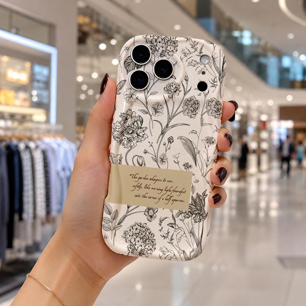 Black Line Sketch Floral Quote Phone Case For iPhone 17 16 15 14 13 12 11 Pro Max Plus Wavy Edge Cover