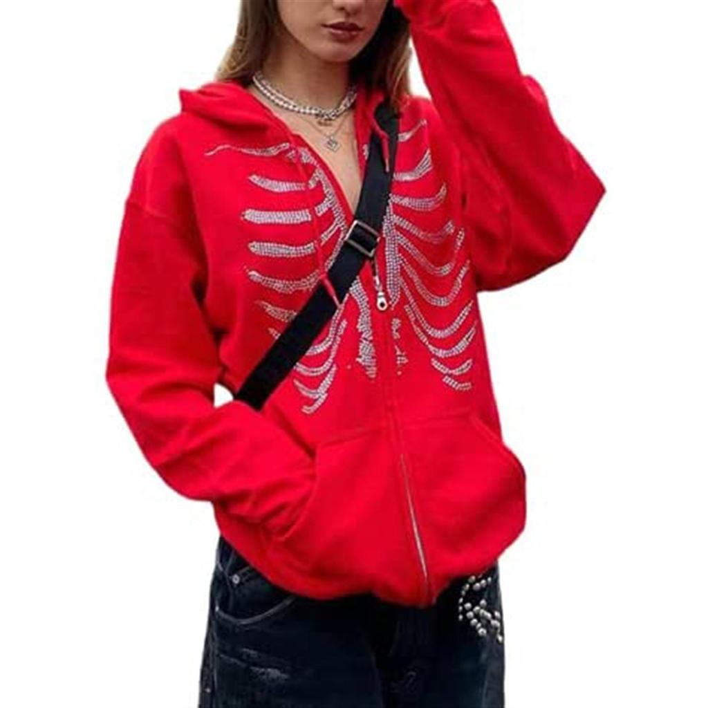 Street Hip Hop Spinnenknochen Aufkleber Diamant Schwarz Reißverschluss Hoodie Damen 2022 y2k Harajuku Jacke Pullover Damen