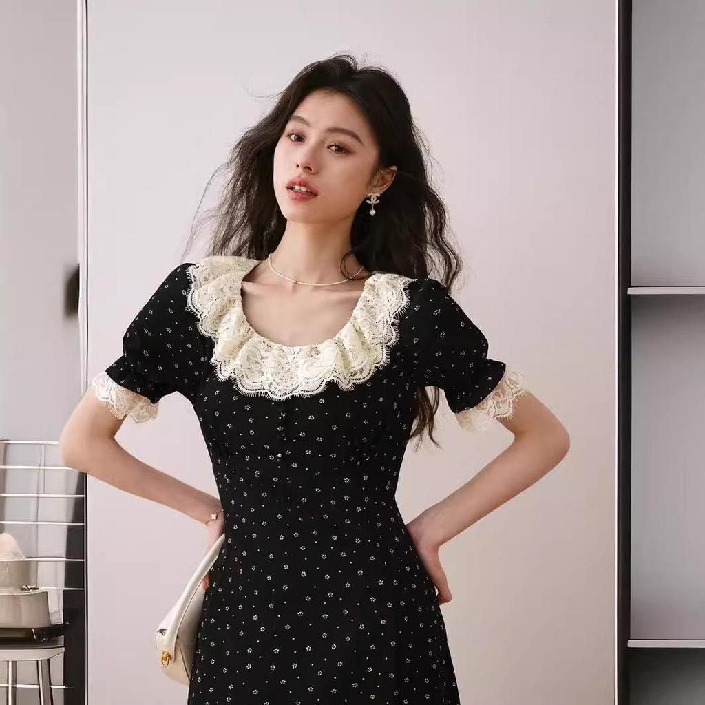 Black French Lotus Leaf Collar Floral Tea Dress - 2024 Summer Luxury Mid-Length Short Sleeve