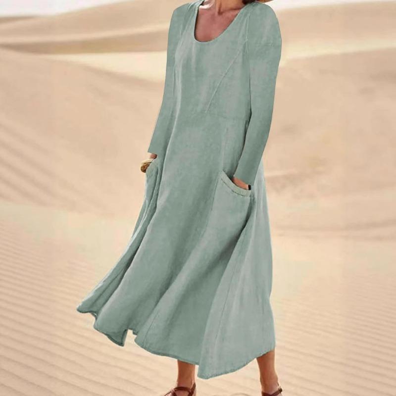 Summer Women's Casual and Fashionable Cotton Linen Long Sleeved Round Neck Dress