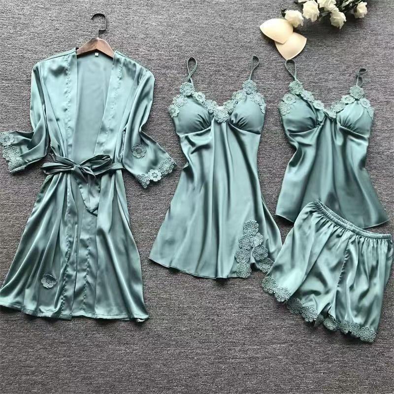 European and American Sexy Pajamas Set: Camisole with Chest Pads, Women's Homewear Robe, and Bathrobe - Four-Piece Set