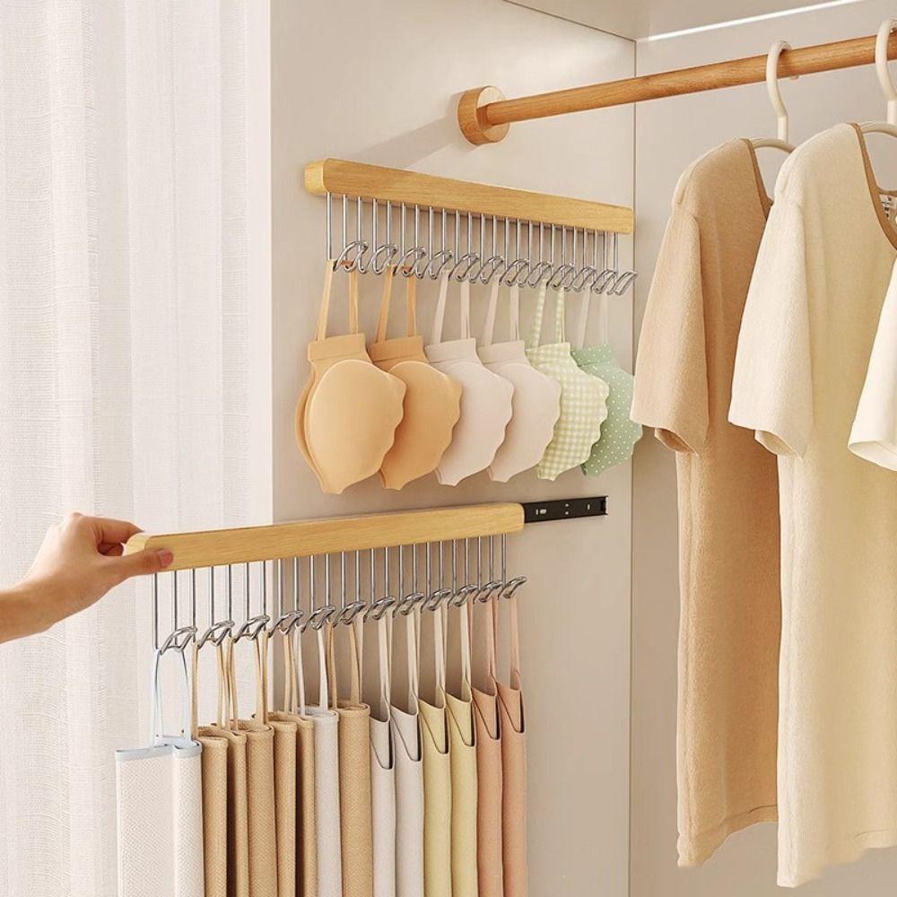 Multifunctional Clothes Hanger Bar Wood Material Closet Rod Pull Out Hook Rack Wardrobe Storage