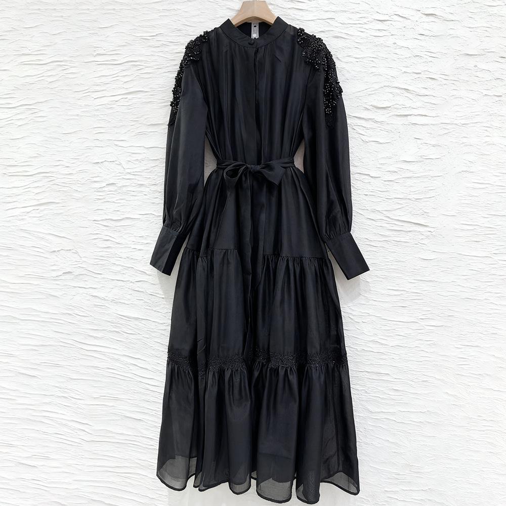 2026 Spring Summer Beaded Lace Patchwork Dress for Women Stand Collar Long Sleeve High Waist Belt Casual Vestidos Pleated Y2k