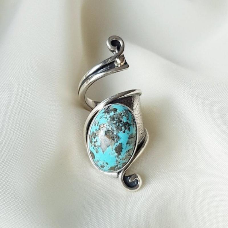 Bohemian Ethnic Style Creative Faux Turquoise Opening Adjustable Ring Women Retro Party Personality Jewelry Accessories