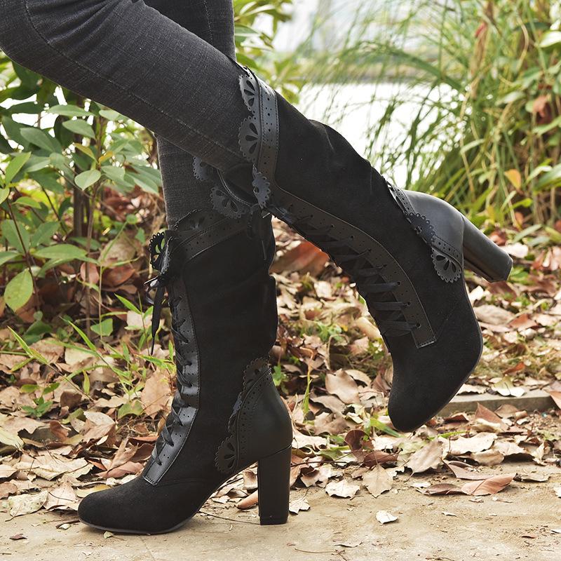 2022 Autumn/Winter Plus Size European & American Lace High-Heeled Mid-Calf Leather Fashion Boots for Women.
