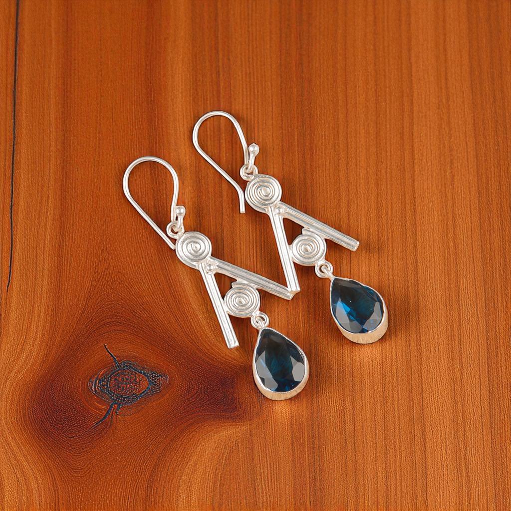 London Blue Topaz Gemstone 925 Sterling Silver Jewelry Handcrafted Earrings 2.4" EE-86-5