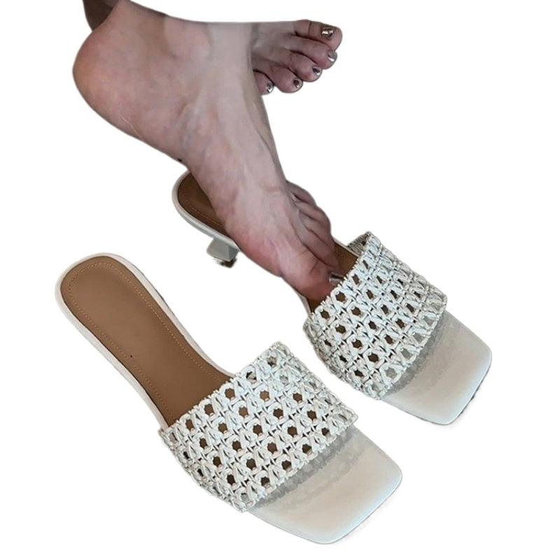 Designer 2025 New Women Slippers High Heels Shoes Square Toe Heeled Sandals Summer Woman Party Dress Pumps Zapatos Mujer