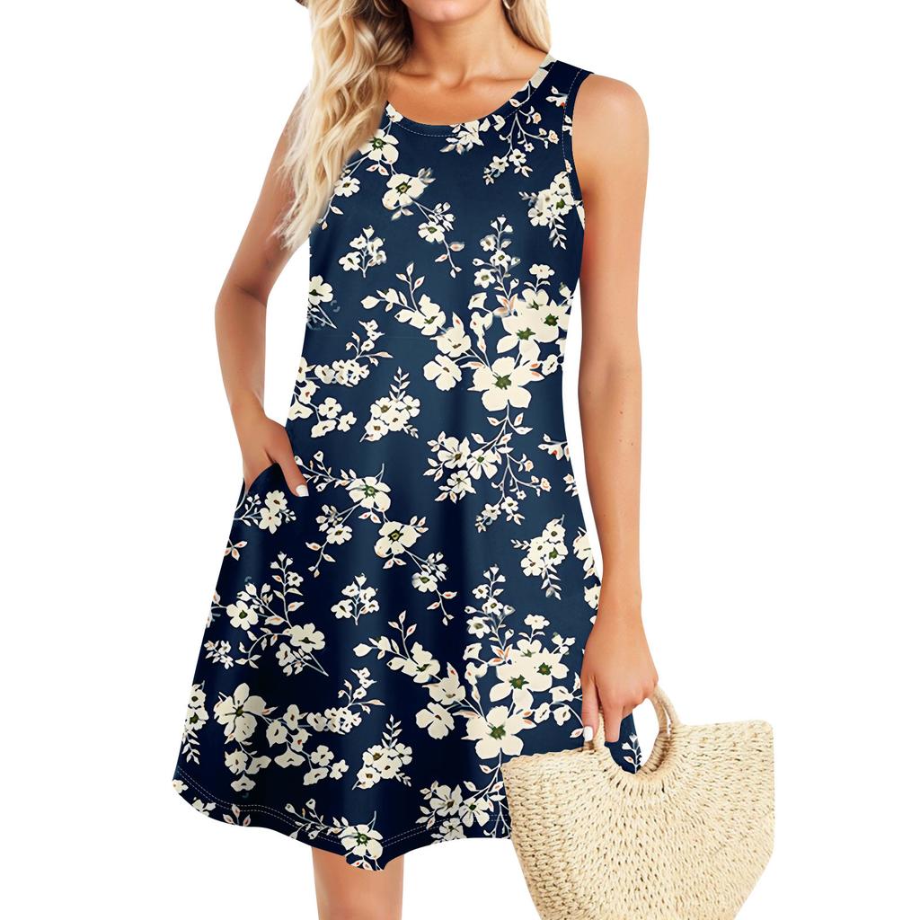 Summer Dresses For Women Beach Boho Sleeveless Printing Flowy Pocket Tshirt Tank Sundresses