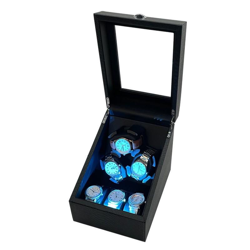 Snake Skin Pattern Leather Watch Winder: 3 Positions + 3 Storage, Auto Stop Open, 5 Ambient Light Modes