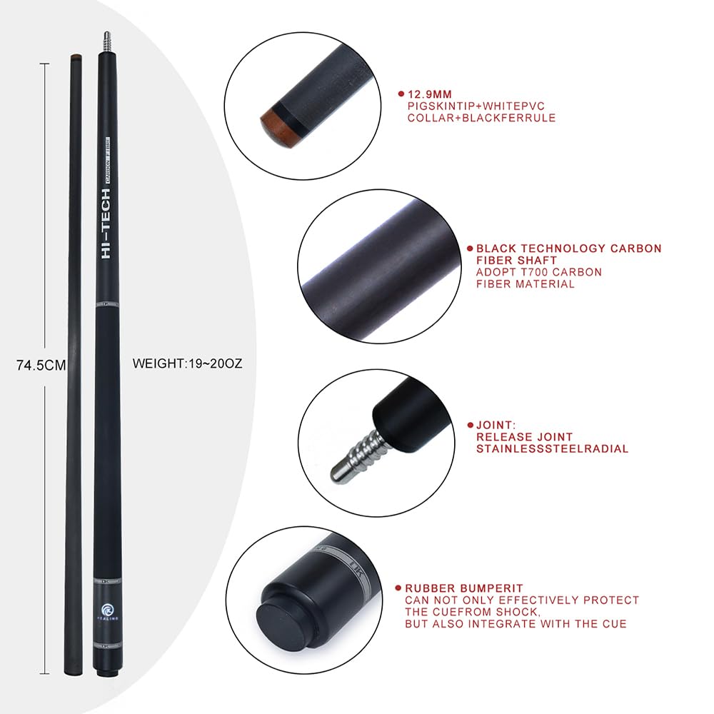 HEALING Biljardkø Karbon T 700 Karbonfiber 58 Tommer Biljardrekvisitter Skjøt Håndlaget Rett Egnet Ni Baller Oppbevaringskoffert Inkludert 1/2